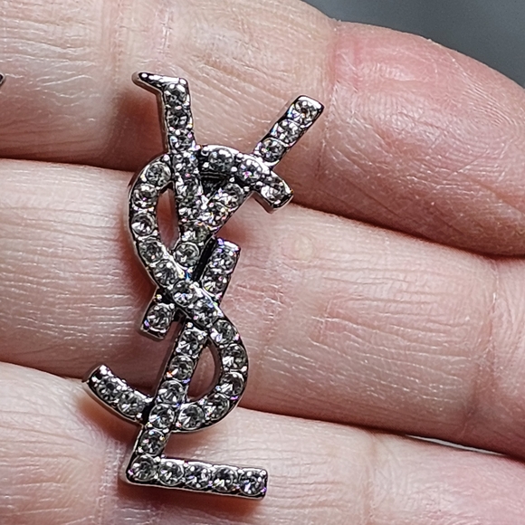 <AUTH> Saint Laurent Silver Faceted Logo Earrings Stamped New - Picture 7 of 7